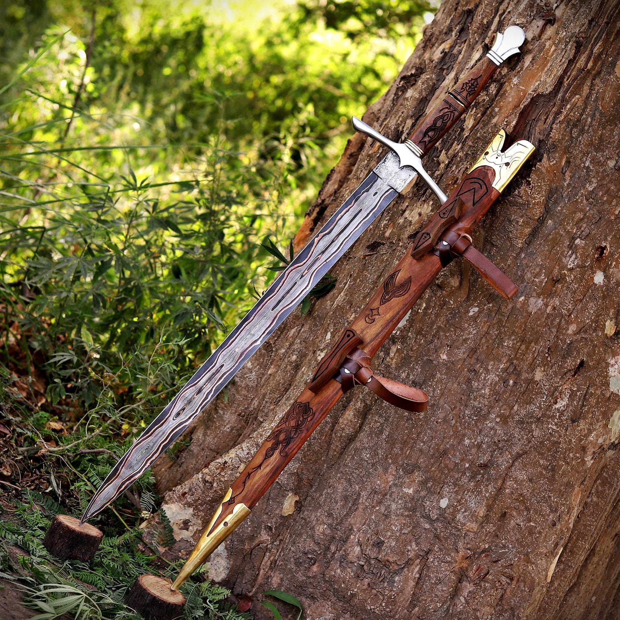 Copper Damascus Sword – Viking Style Carved Wooden Scabbard, Medieval Fantasy Collectible Blade Prop