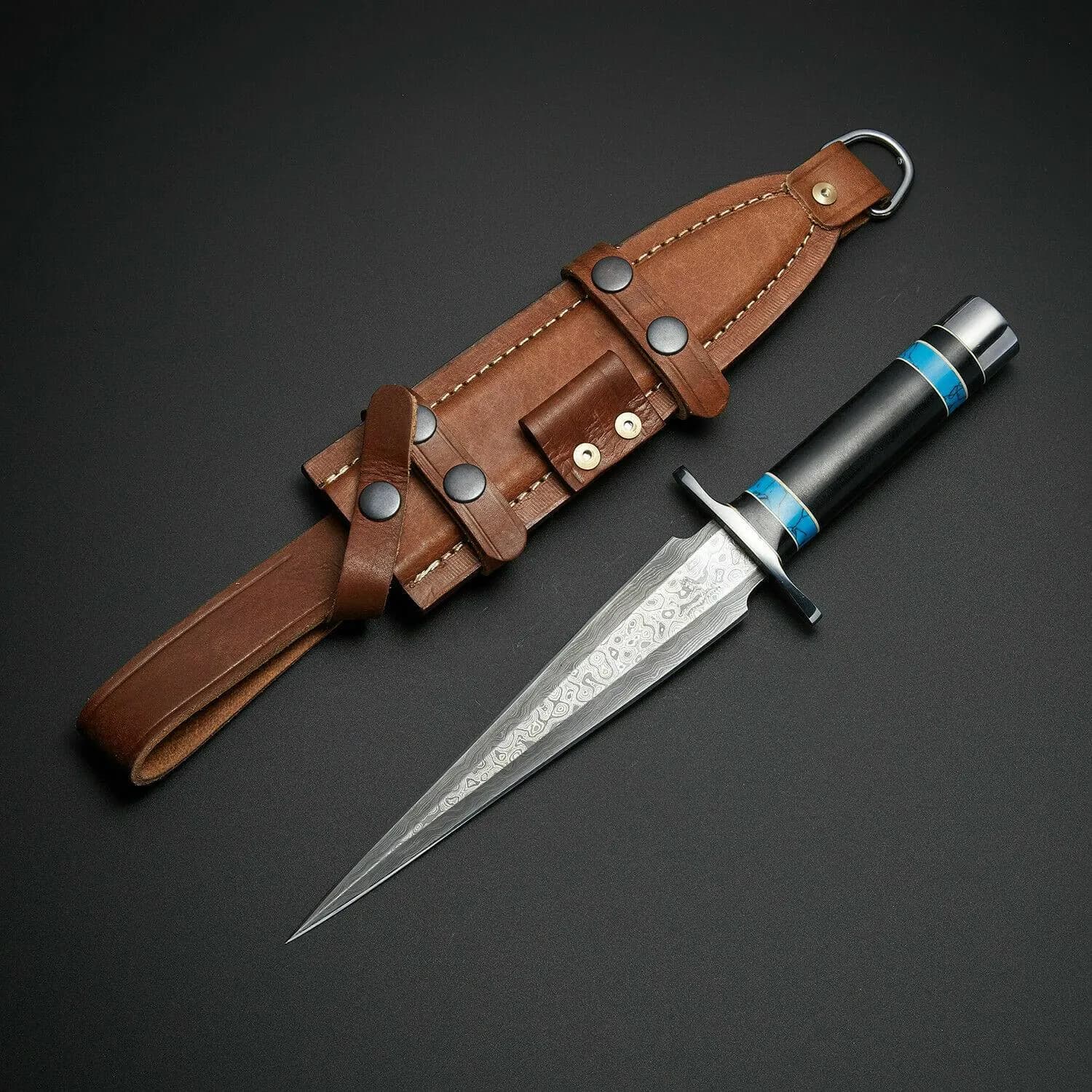Handmade Damascus Steel Knife | 12" Arkansas Toothpick Dagger, Custom Collectible Art Blade with Leather Sheath, Unique Gift for Him & Dad