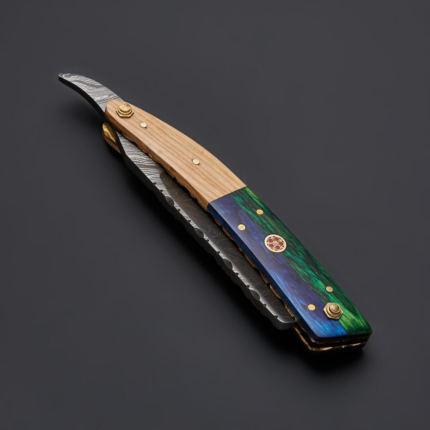 Damascus Steel Straight Razor, Multicolor Wood Handle Barber Razor with Leather Sheath, Traditional Wet Shaving Gift for Him - image 3