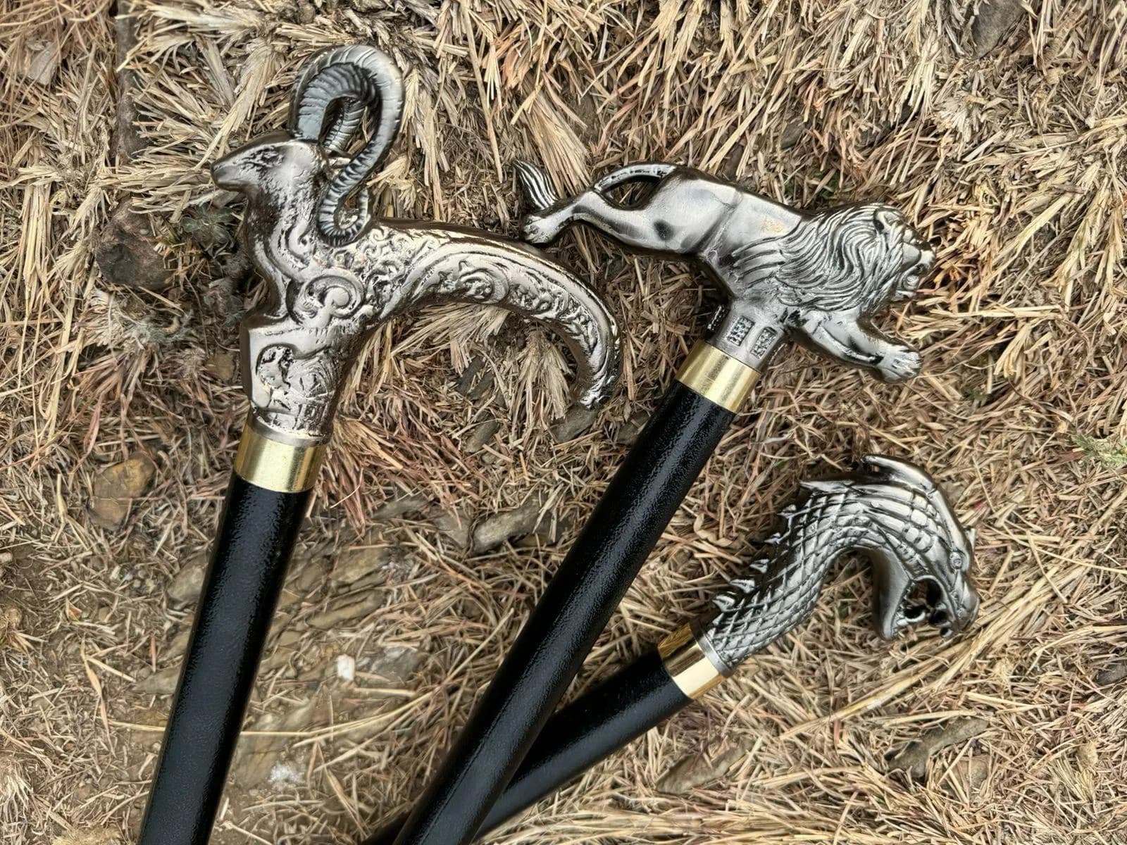 Three walking sticks with black shafts and gold-toned metal collars. The handles are silver-toned metal shaped like a ram with curved horns, a leaping lion, and a dragon head with detailed scales and an open mouth.