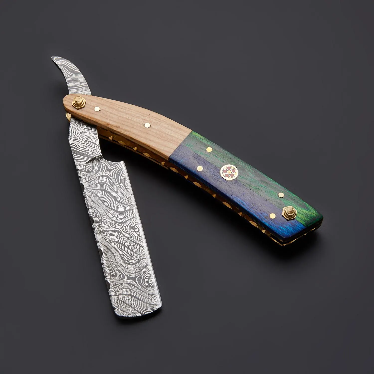 Damascus Steel Straight Razor, Multicolor Wood Handle Barber Razor with Leather Sheath, Traditional Wet Shaving Gift for Him - image 2