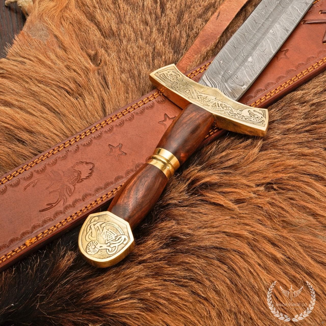 Handmade Damascus Steel Viking Sword, Rosewood Handle, Engraved Brass Fittings, Medieval Replica Display, Custom Gift, Norse Decor - image 2