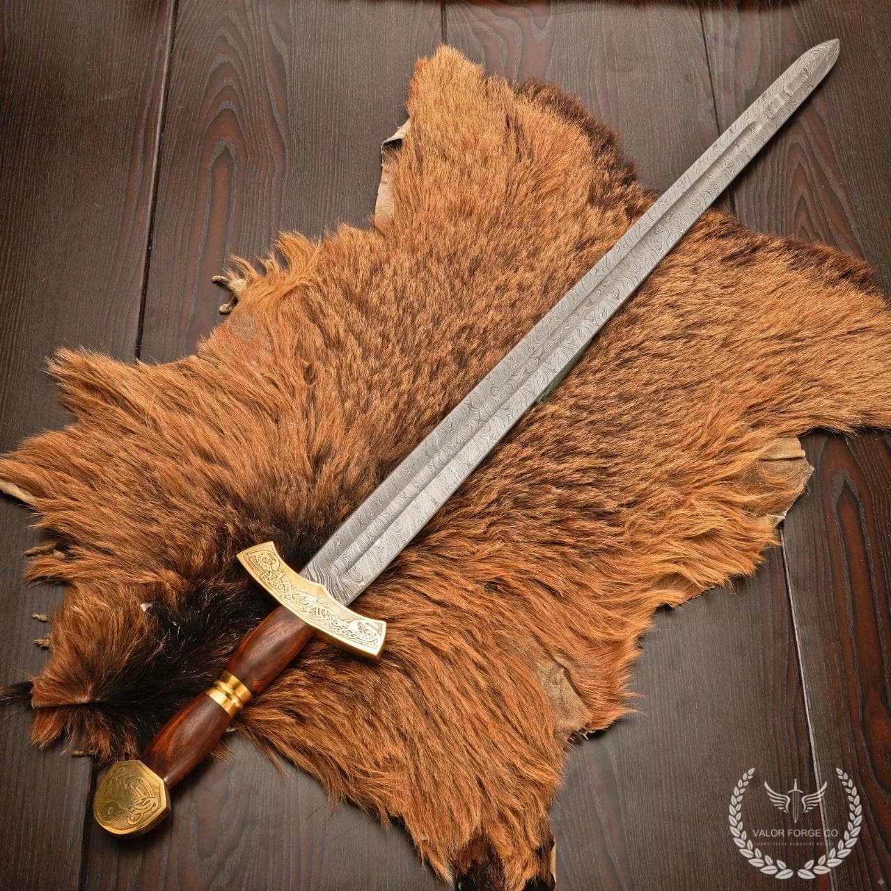 Handmade Damascus Steel Viking Sword, Rosewood Handle, Engraved Brass Fittings, Medieval Replica Display, Custom Gift, Norse Decor - image 4