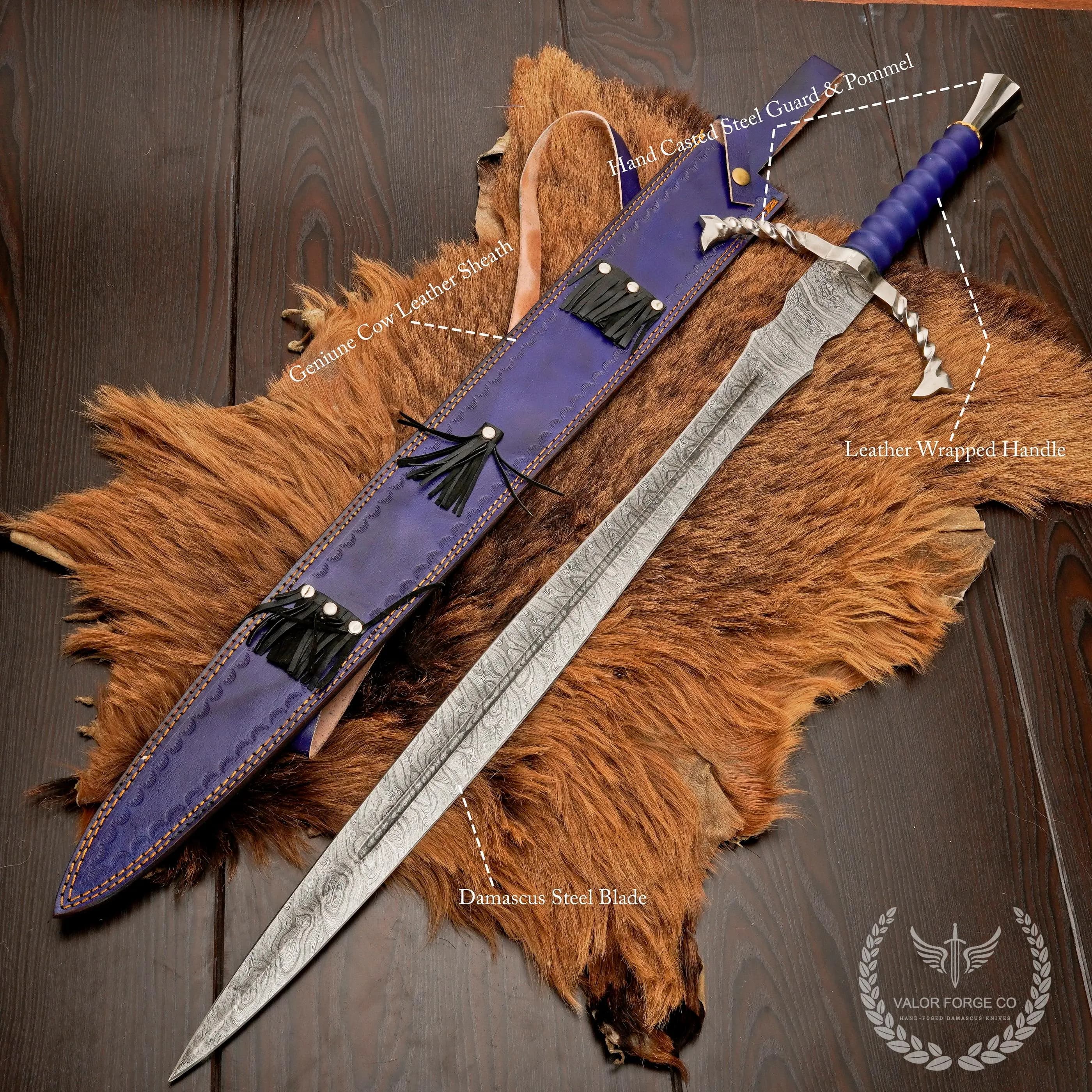 Handmade Damascus Sword, Blue Leather Handle, Cosplay Decor, Gift For Him - image 2