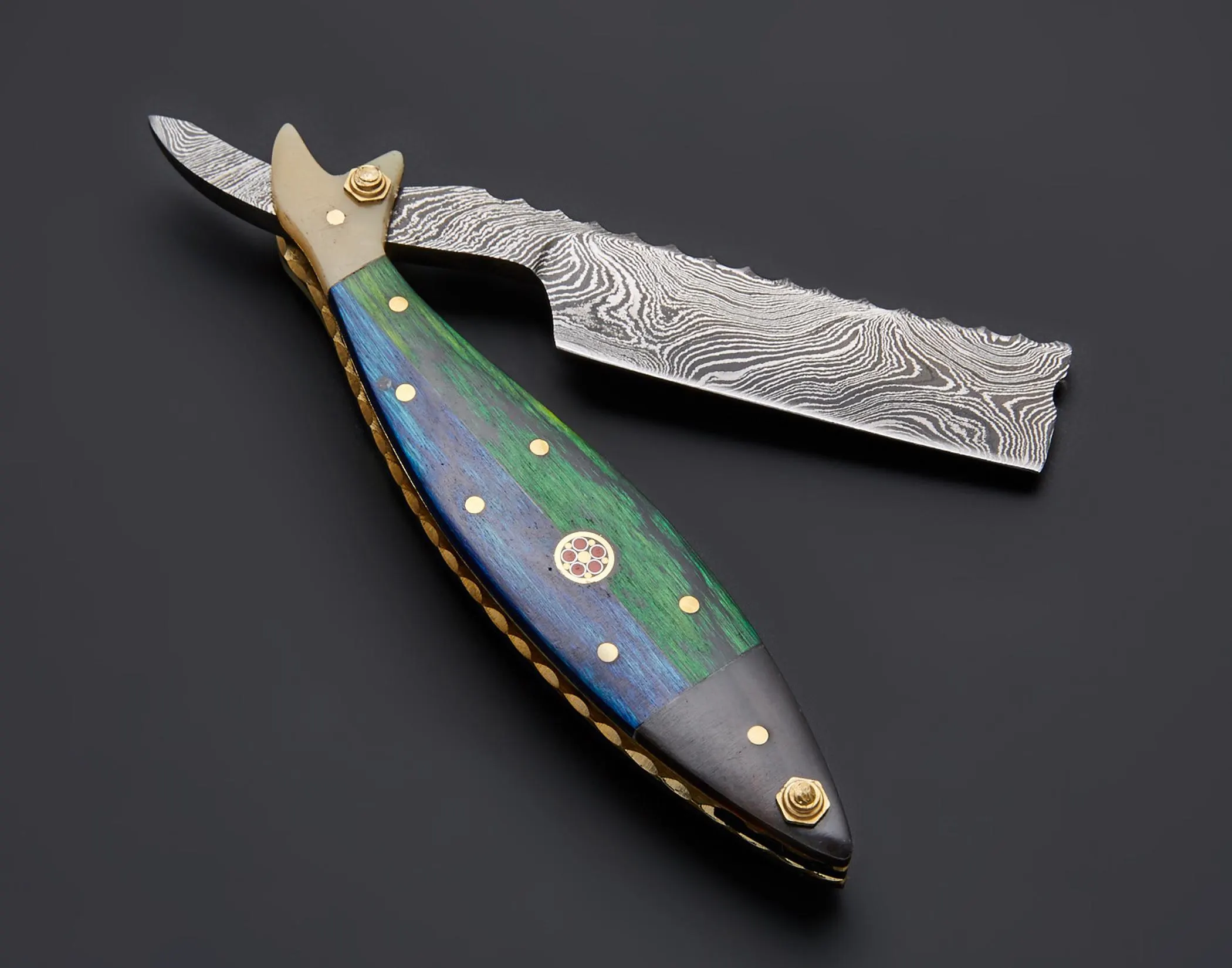Damascus Steel Straight Razor, Multicolor Wood Handle Barber Razor with Leather Sheath, Traditional Wet Shaving Gift for Him - image 4