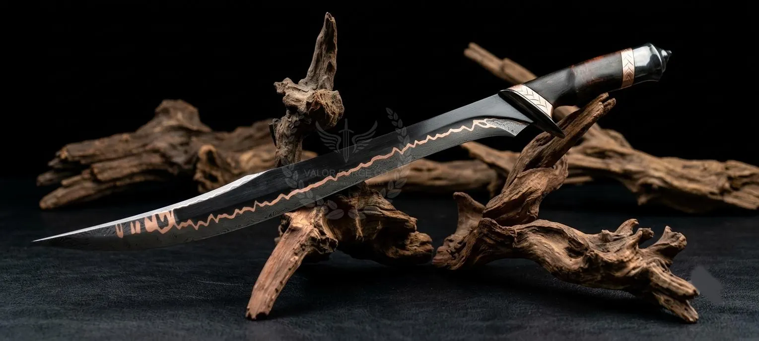 A curved blade with a dark finish and a prominent copper-coloured wavy line running along the centre. The handle is dark with metallic accents and a pommel. The blade features a faint etched logo near the centre of the spine.