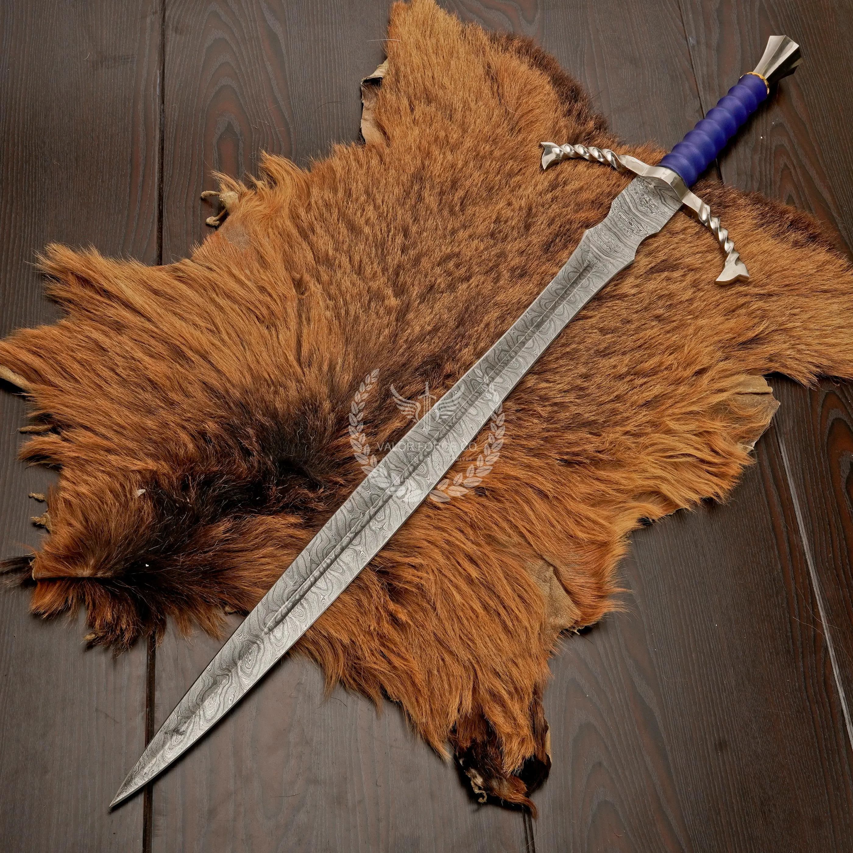 Handmade Damascus Sword, Blue Leather Handle, Cosplay Decor, Gift For Him - image 3