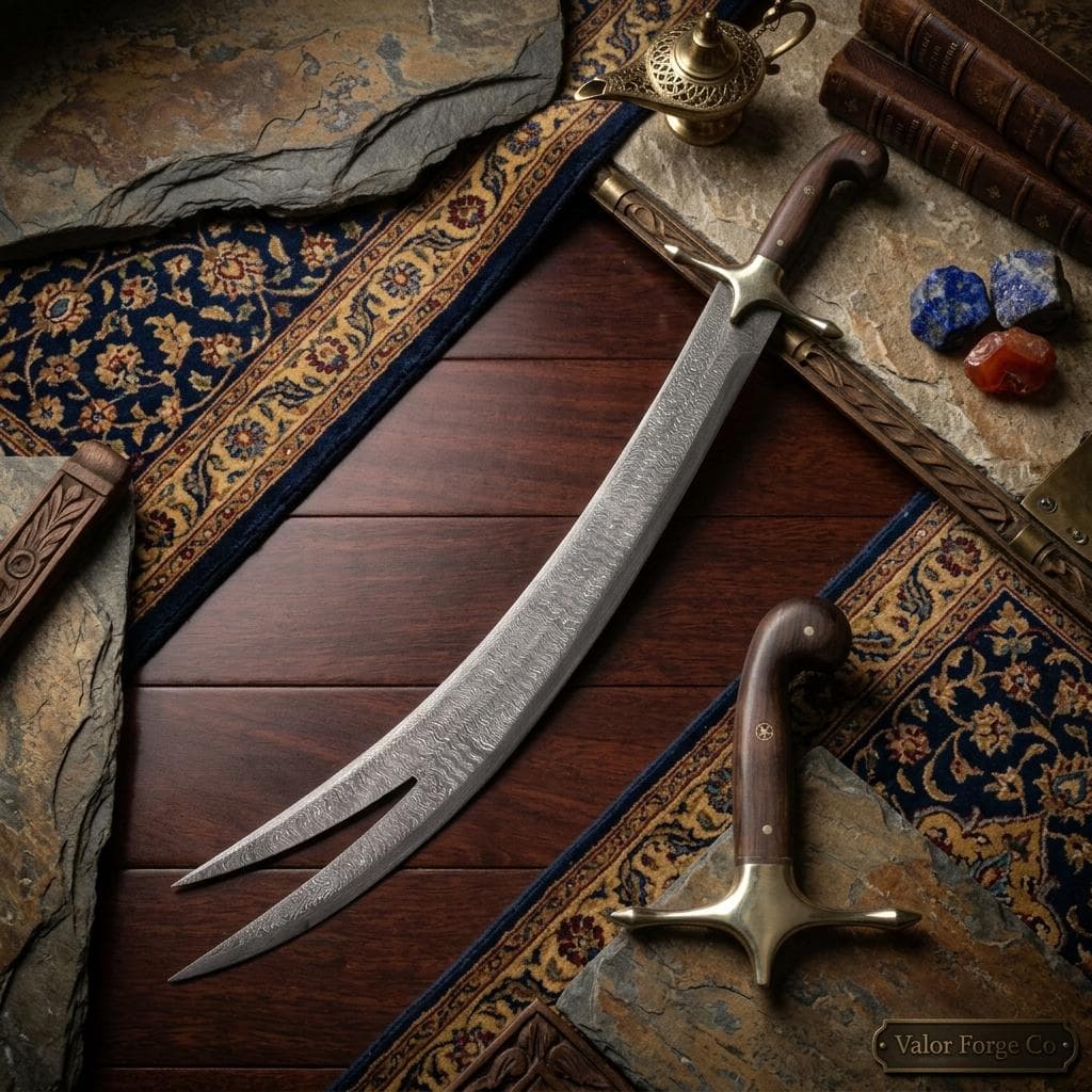 Handmade Damascus Zulfiqar Sword, Walnut Handle Islamic Decor, Double-Tip Collectible Display with Stand, Wedding & Groomsmen Gift