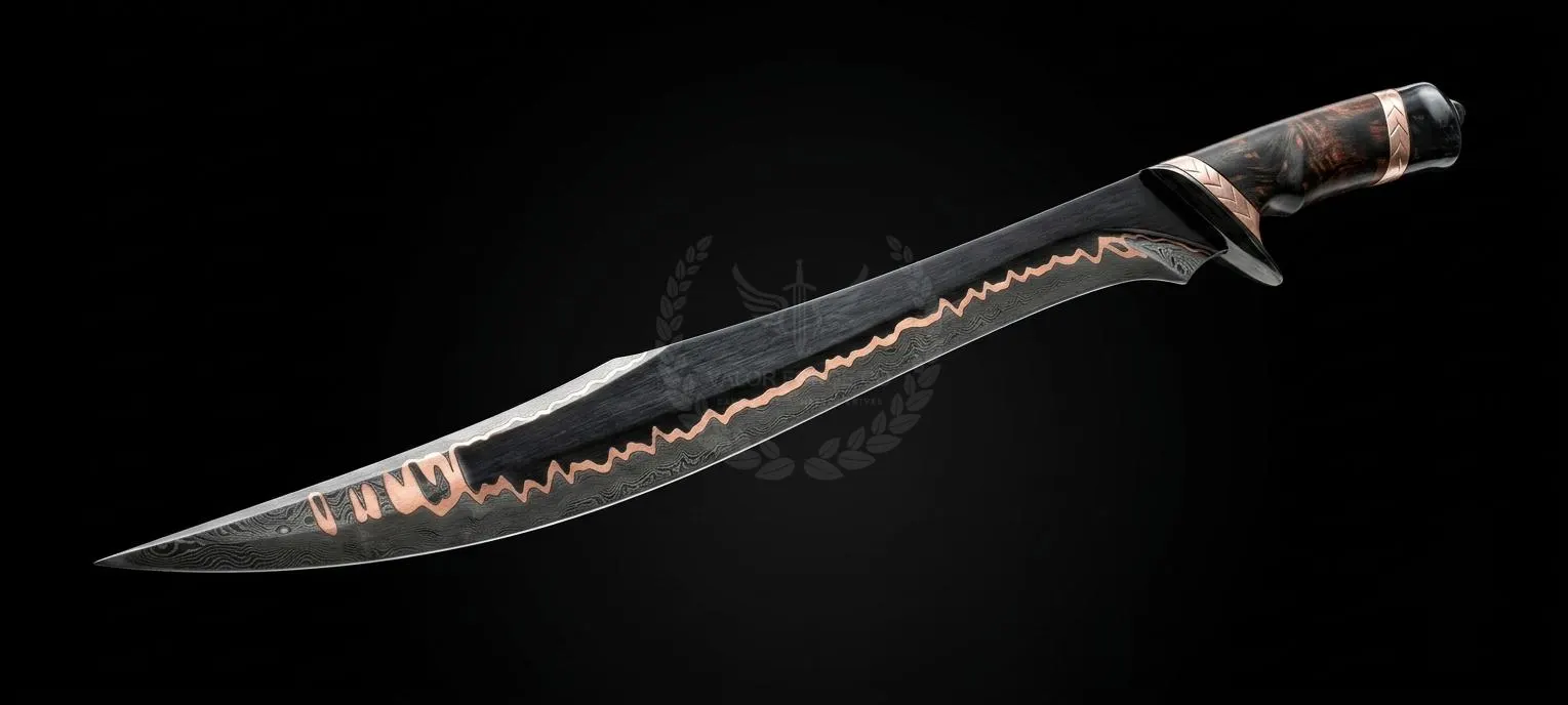 A curved blade knife featuring a dark, textured metal finish with a prominent, jagged copper-coloured inlay running along the edge. The handle is crafted from dark, polished wood with copper-coloured accents at the bolster and pommel.