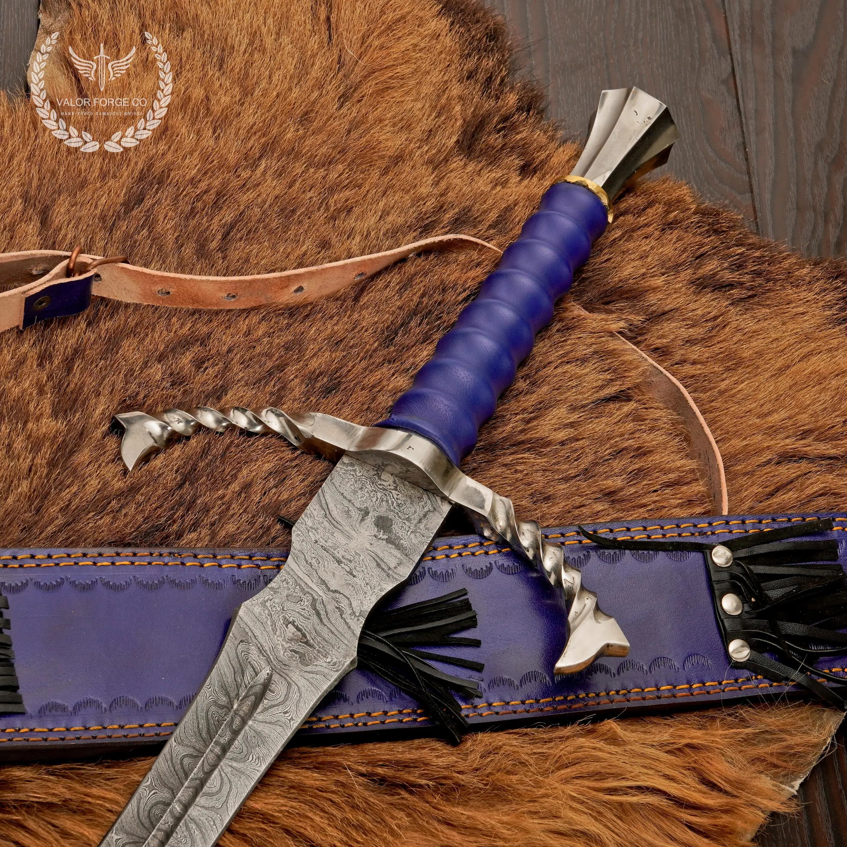 Handmade Damascus Sword, Blue Leather Handle, Cosplay Decor, Gift For Him