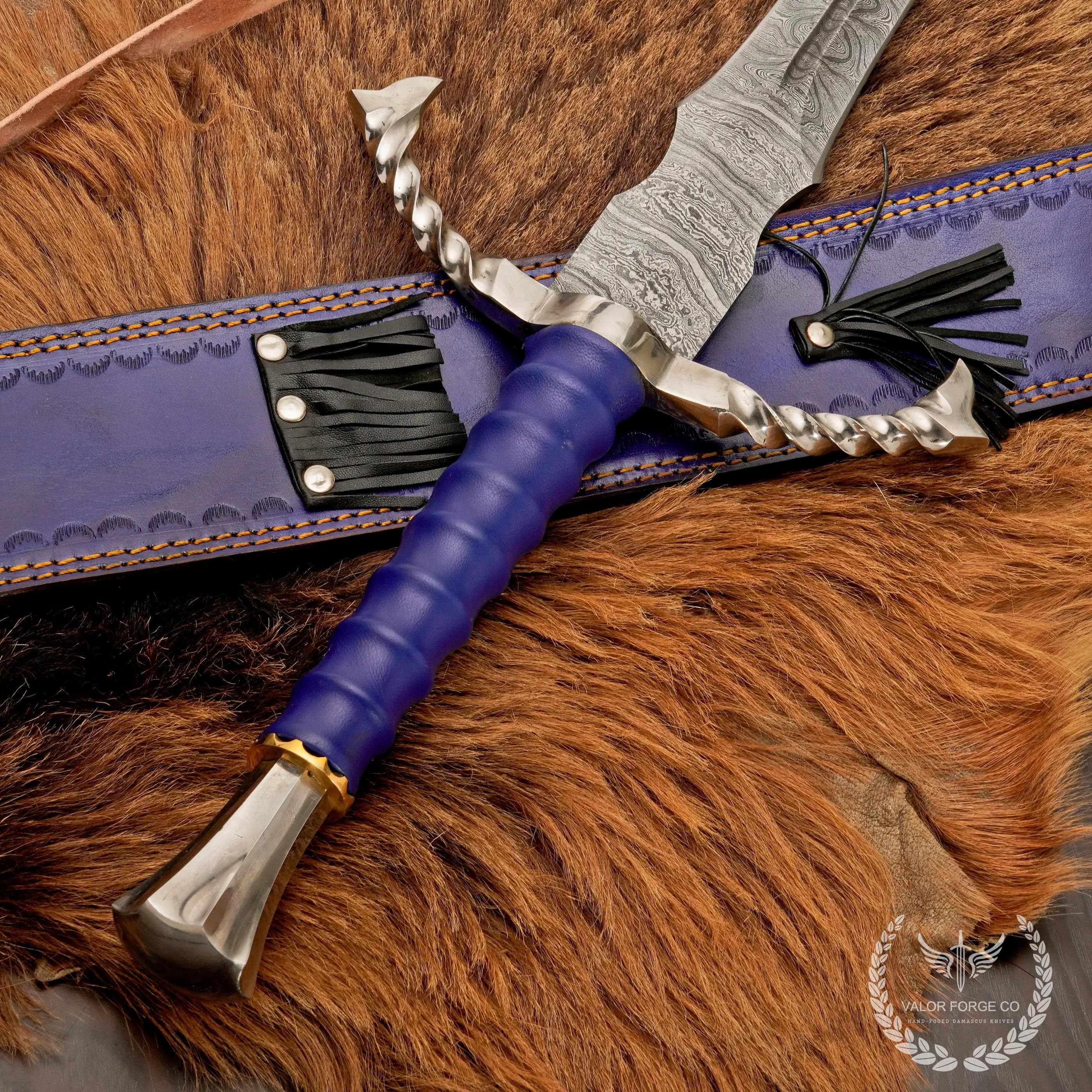 Handmade Damascus Sword, Blue Leather Handle, Cosplay Decor, Gift For Him - image 4