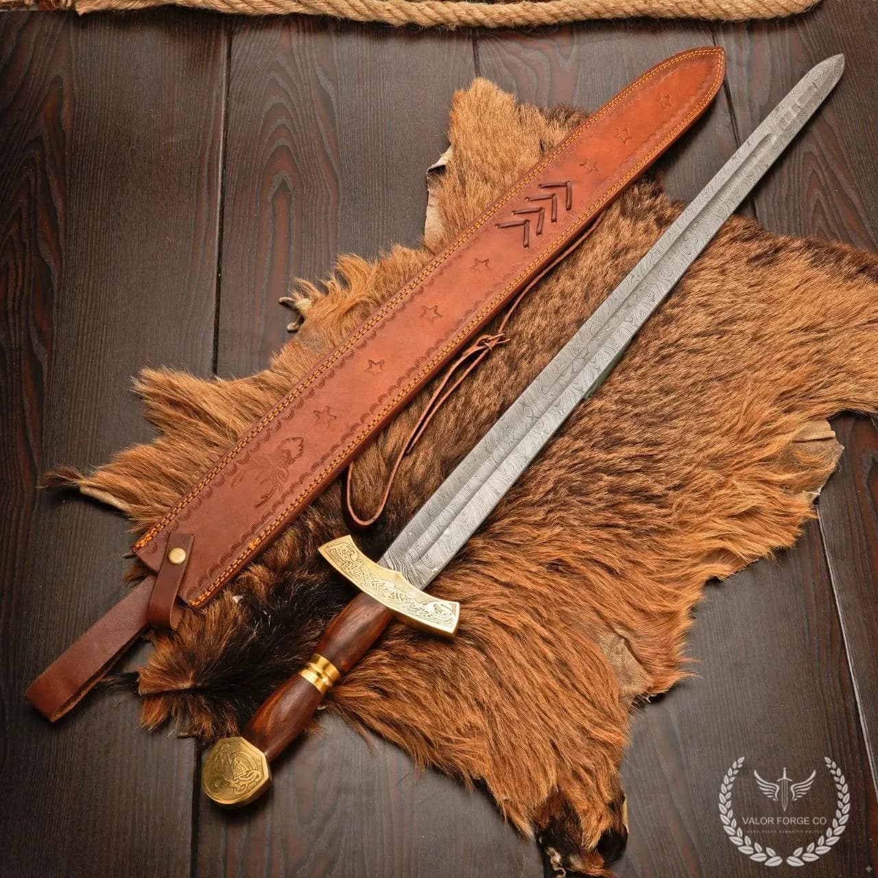 Handmade Damascus Steel Viking Sword, Rosewood Handle, Engraved Brass Fittings, Medieval Replica Display, Custom Gift, Norse Decor
