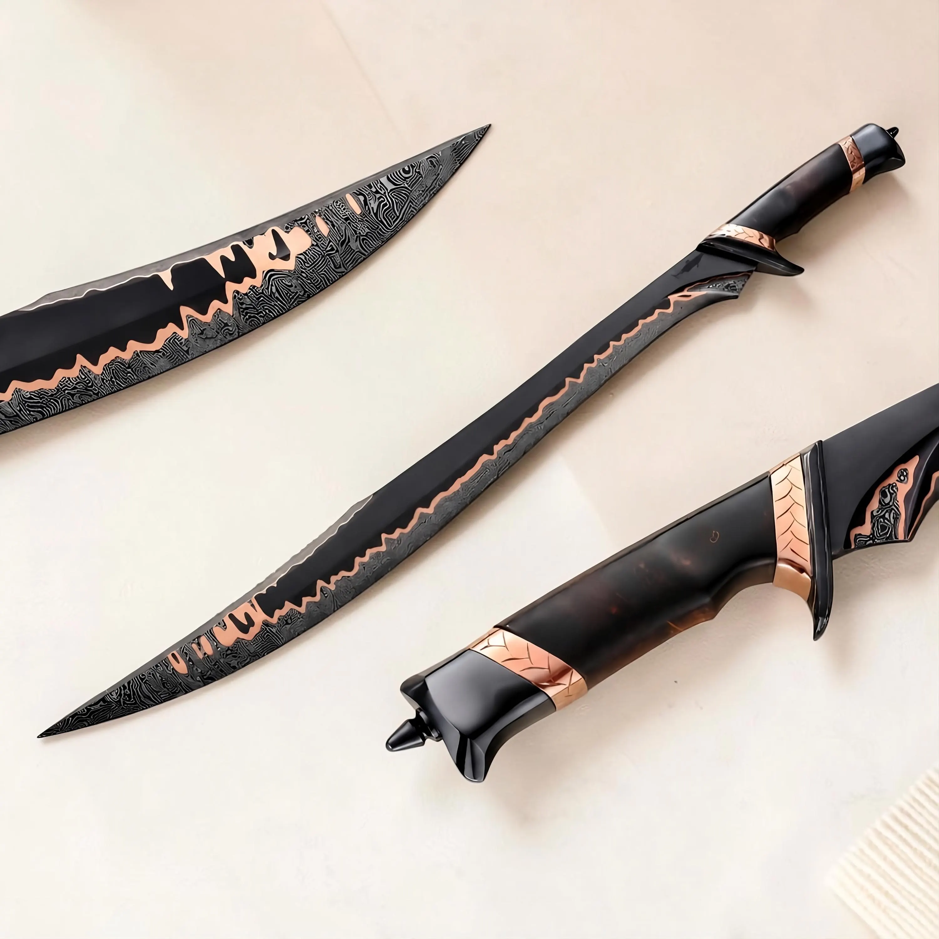 Copper Damascus Elven Short Premium Sword With Leather Cover, Handmade Display Sword, Collectible Elven Art Piece, Cosplay Prop Decor Gift