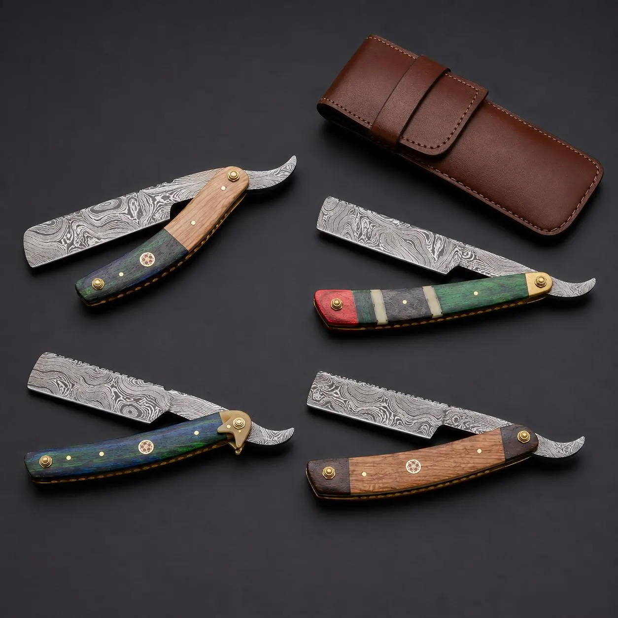Damascus Steel Straight Razor, Multicolor Wood Handle Barber Razor with Leather Sheath, Traditional Wet Shaving Gift for Him