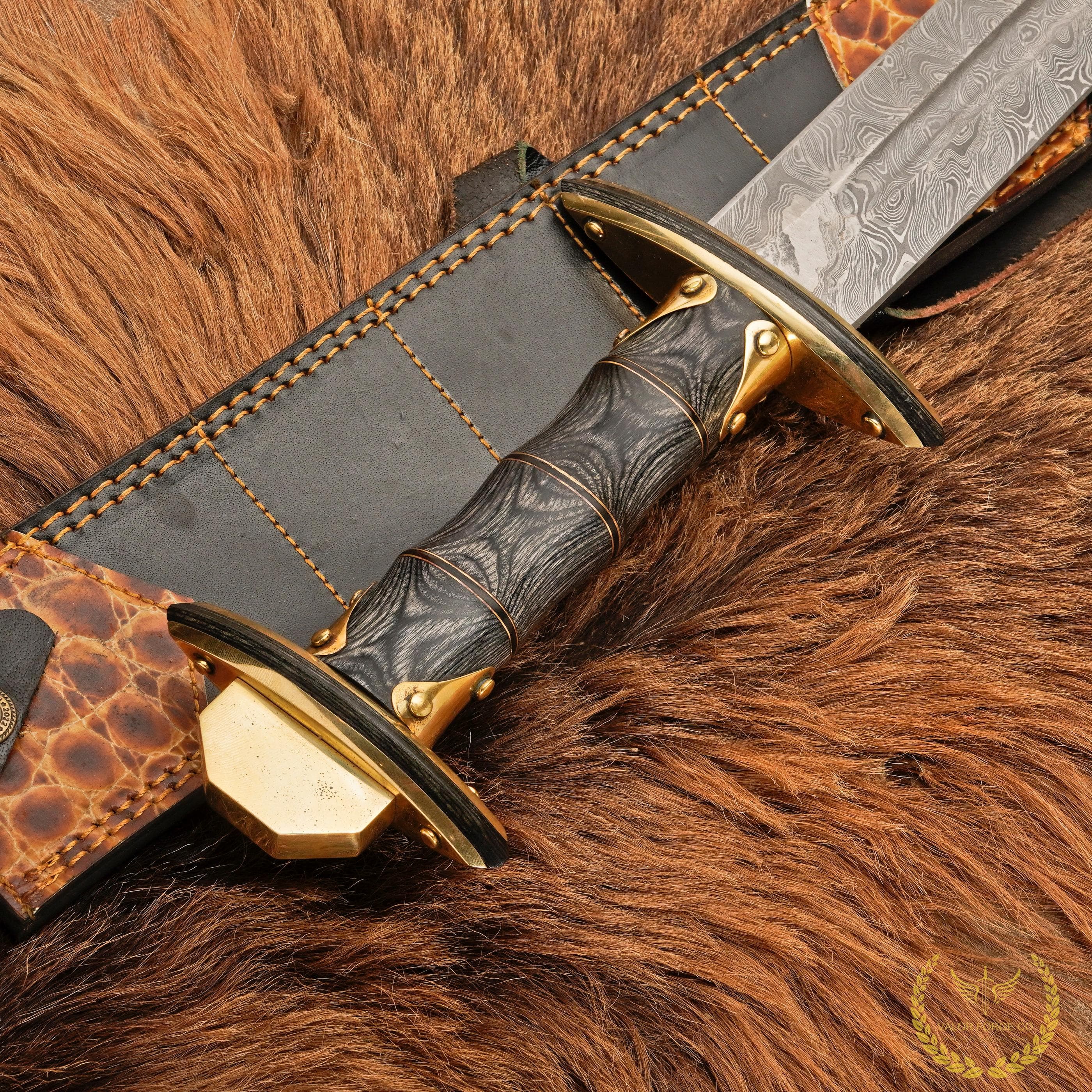 Handmade Damascus Sword with Leather Sheath, Viking Sword, Norse Collectible Display Sword, Buffalo Horn Handle