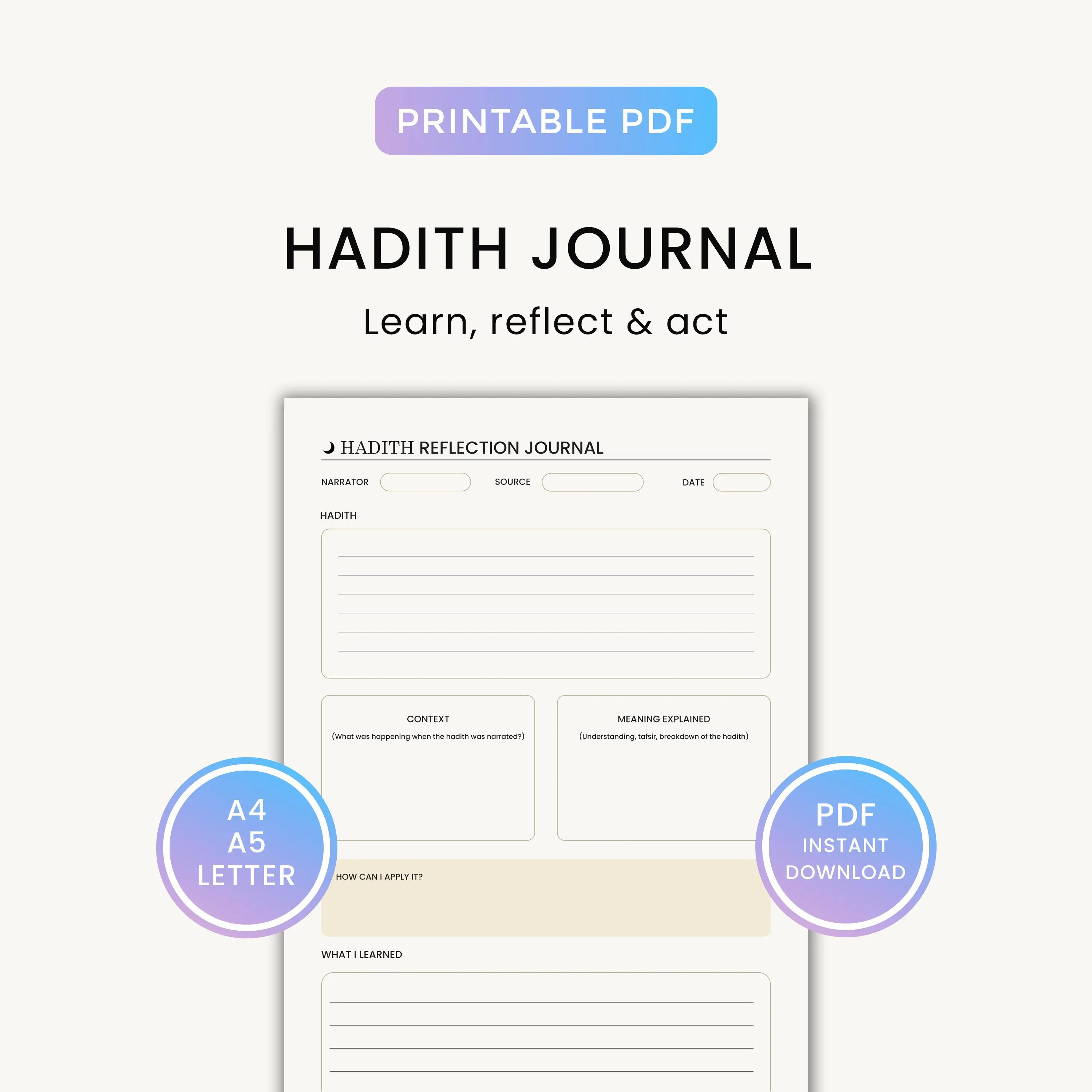 Hadith Reflection Journal: Muslim Planner, Sunnah Notes, Islamic Study Page (Digital Download)