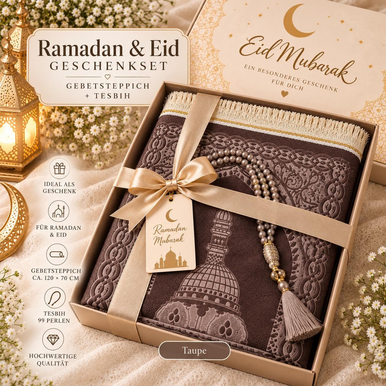 Ramadan Geschenkset | Gebetsteppich 120 × 70 cm + Tesbih 99 Perlen | Eid Mubarak Geschenk | Islamisches Geschenk - image 3