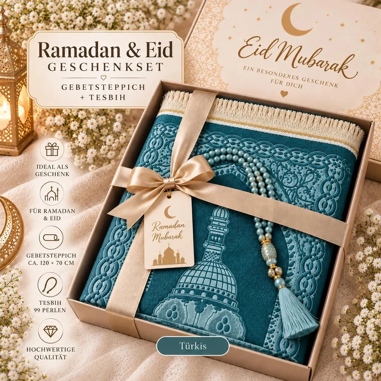 Ramadan Geschenkset | Gebetsteppich 120 × 70 cm + Tesbih 99 Perlen | Eid Mubarak Geschenk | Islamisches Geschenk