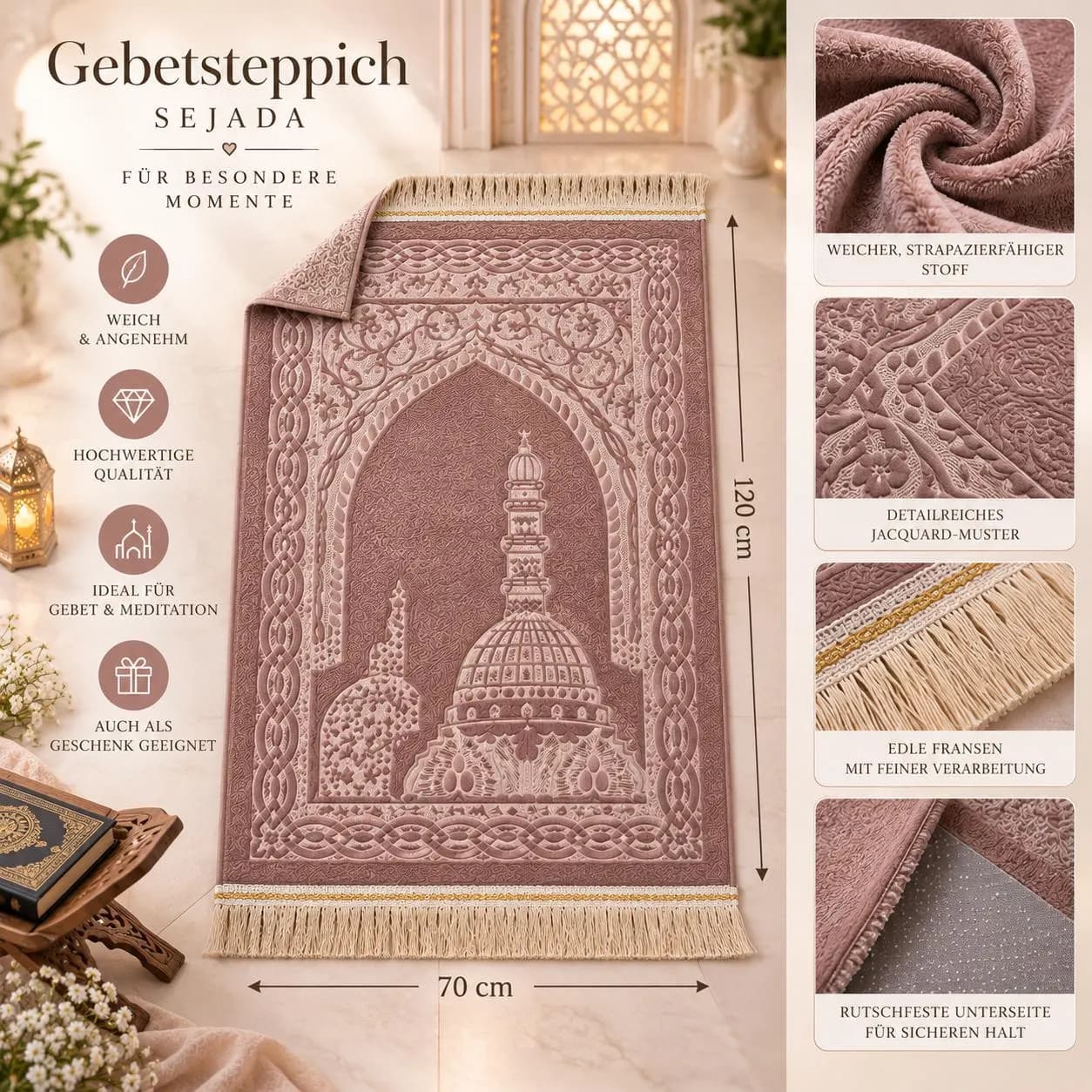 Ramadan Geschenkset | Gebetsteppich 120 × 70 cm + Tesbih 99 Perlen | Eid Mubarak Geschenk | Islamisches Geschenk - image 5