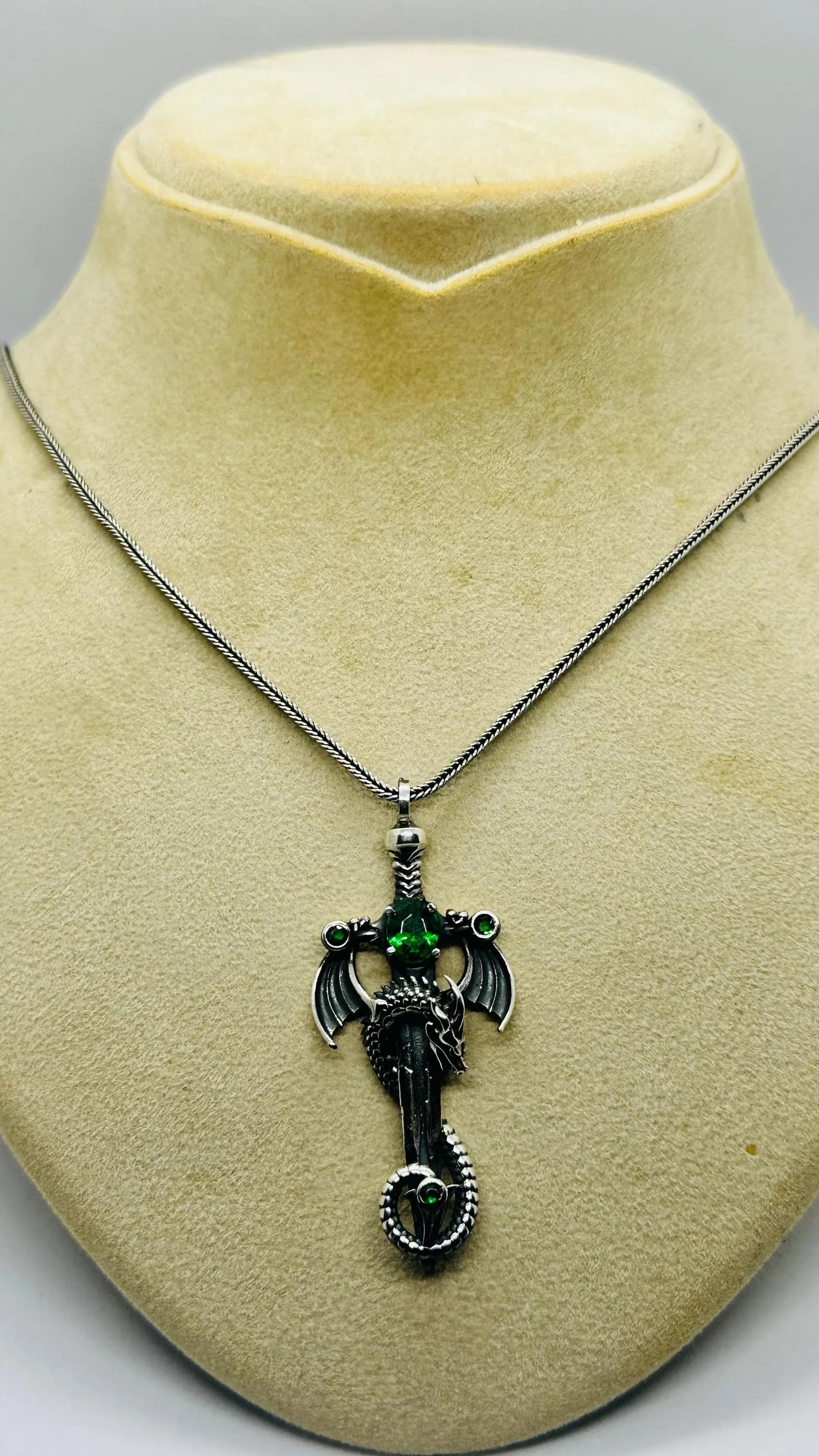 Dragon Necklace Fathers Day Gift Green Stone Gothic Silver Fantasy Jewelry - image 5