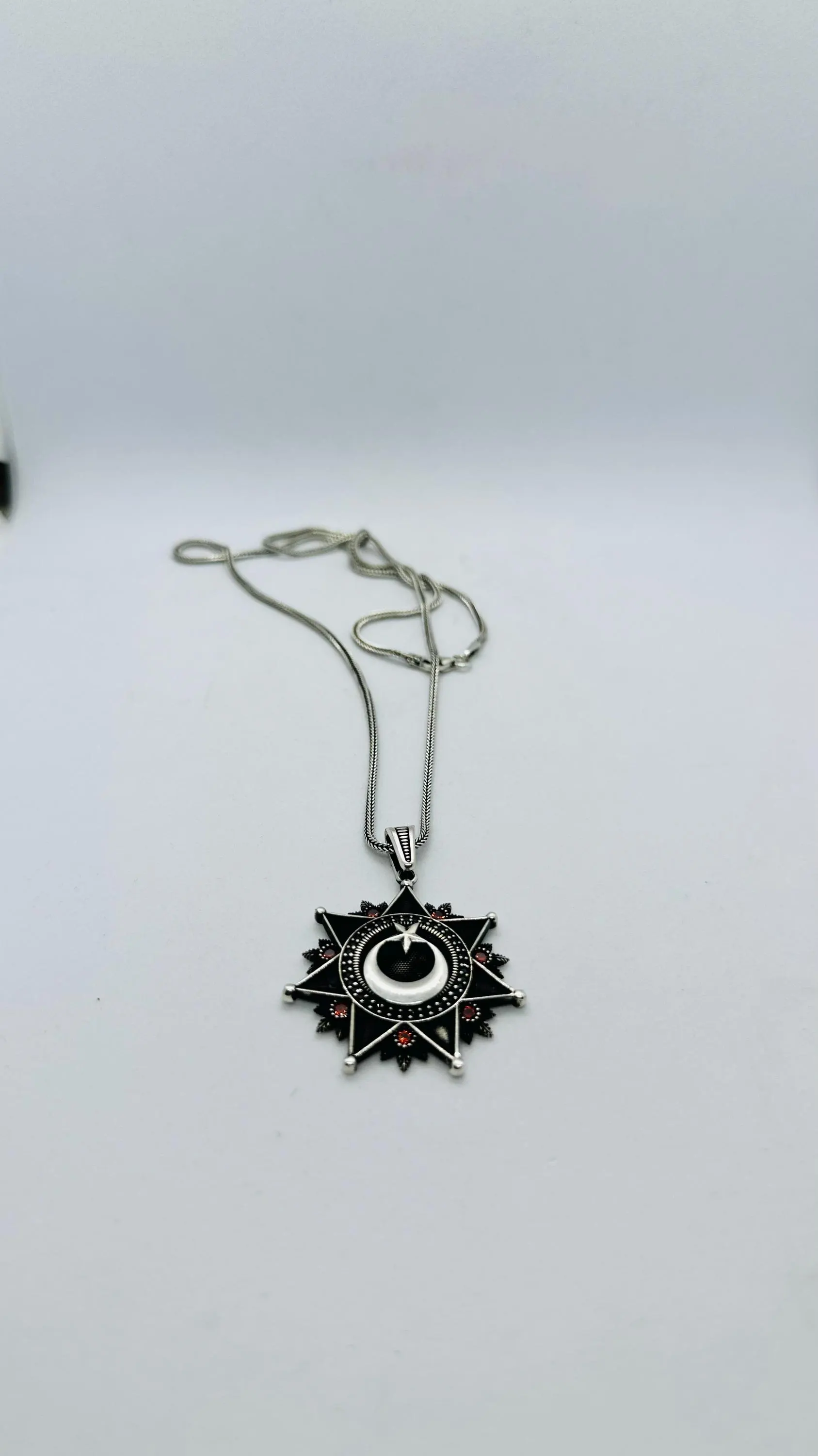 Sterling Silver Crescent Moon Star Pendant Necklace, Gothic Greek Key Charm - image 4