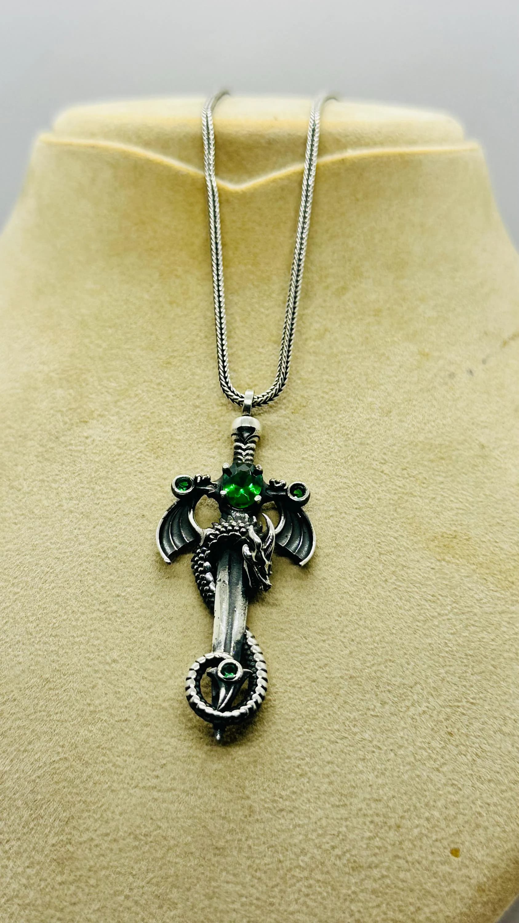 Dragon Necklace Fathers Day Gift Green Stone Gothic Silver Fantasy Jewelry - image 3