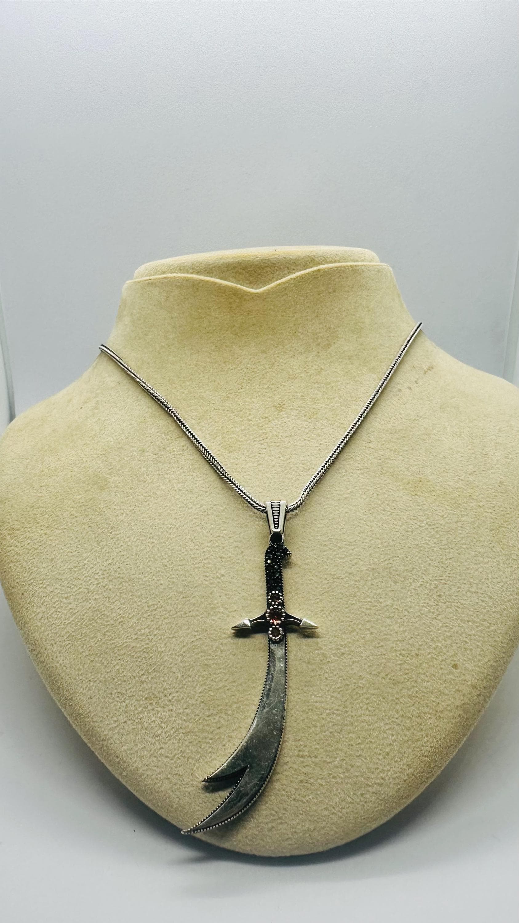 Fathers Day Curved Sword Silver Necklace, Men Warrior Pendant - image 5