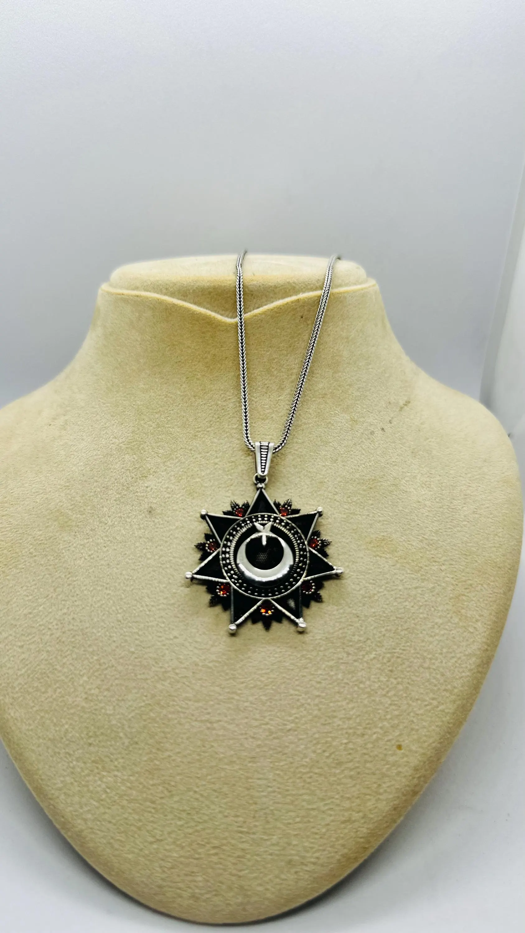 Sterling Silver Crescent Moon Star Pendant Necklace, Gothic Greek Key Charm