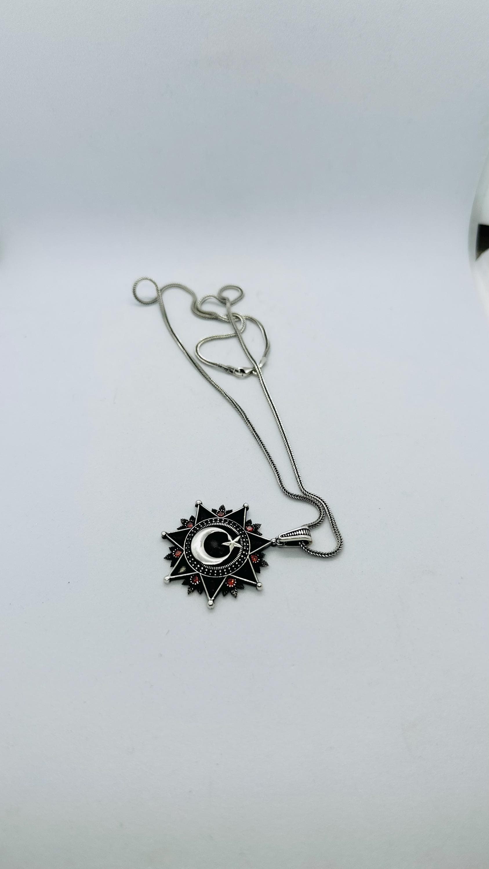 Sterling Silver Crescent Moon Star Pendant Necklace, Gothic Greek Key Charm - image 5