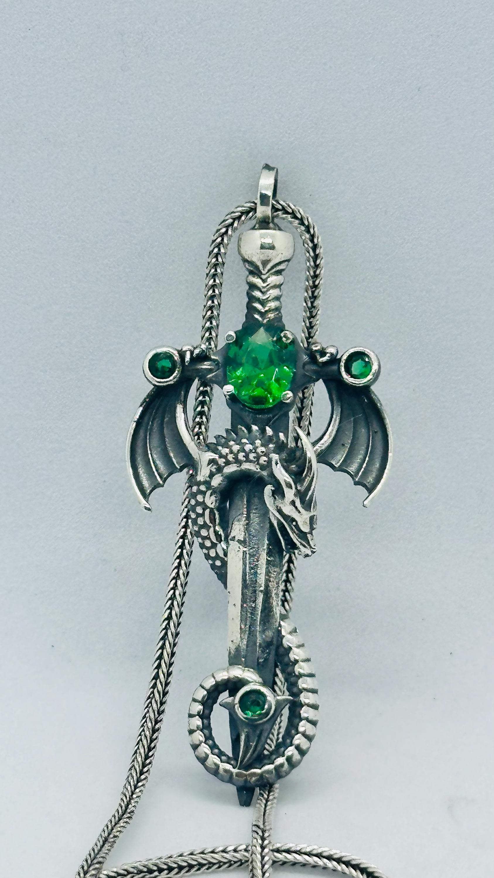 Dragon Necklace Fathers Day Gift Green Stone Gothic Silver Fantasy Jewelry