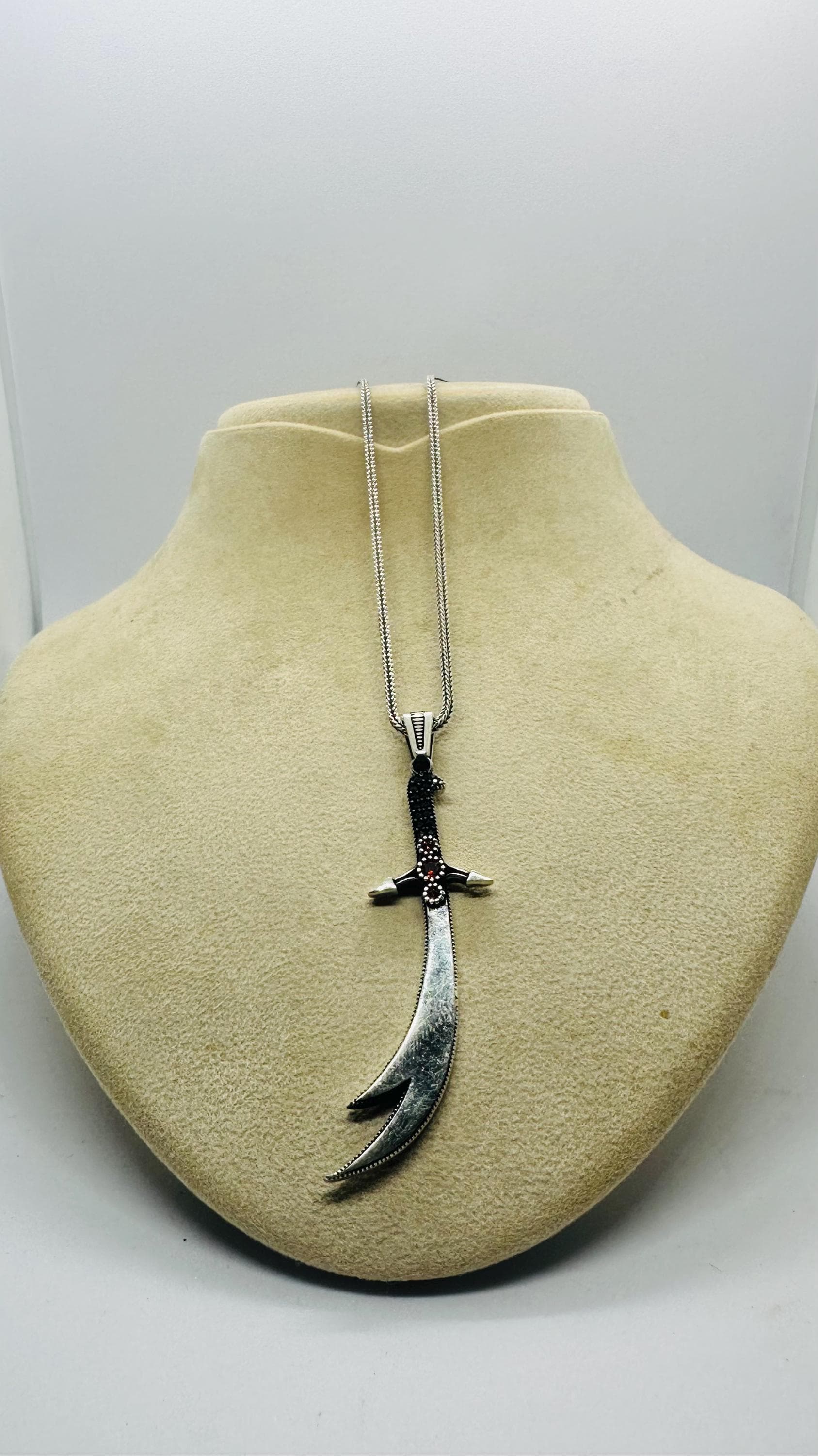 Fathers Day Curved Sword Silver Necklace, Men Warrior Pendant - image 3