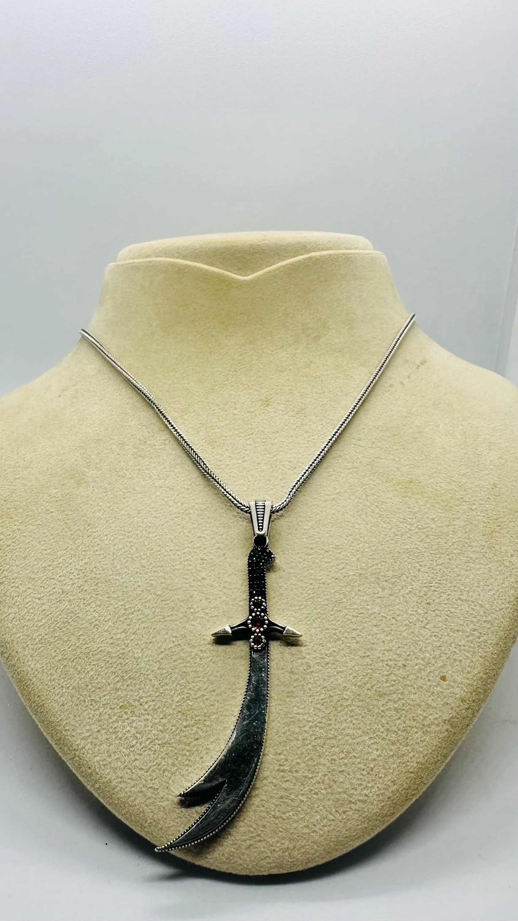 Fathers Day Curved Sword Silver Necklace, Men Warrior Pendant - image 4