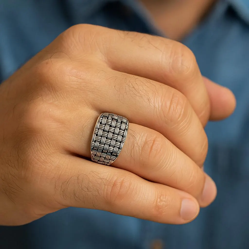 Sterling Silver Men's Woven Ring, Handmade Band,Fathers Day Gift