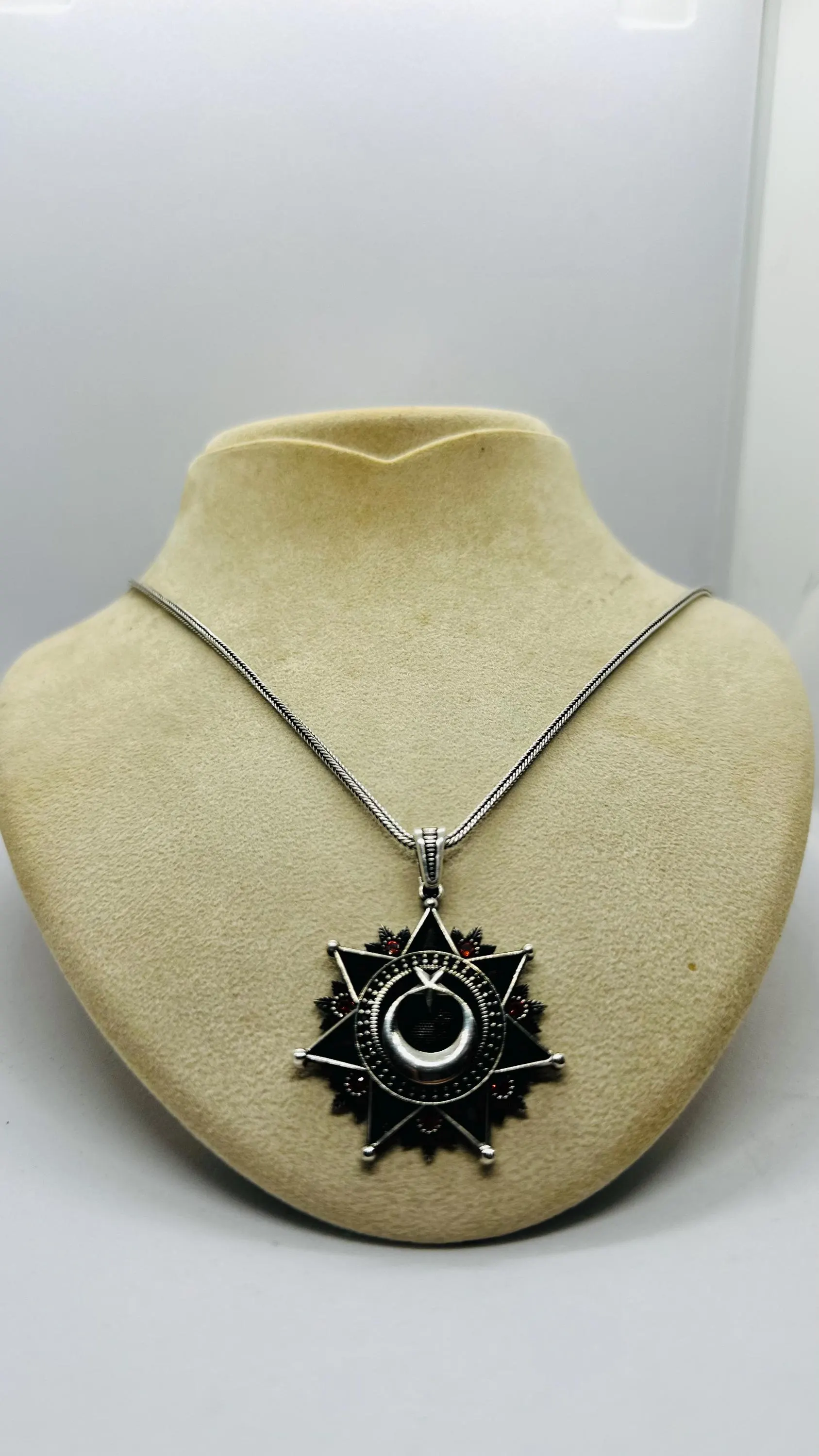 Sterling Silver Crescent Moon Star Pendant Necklace, Gothic Greek Key Charm - image 3