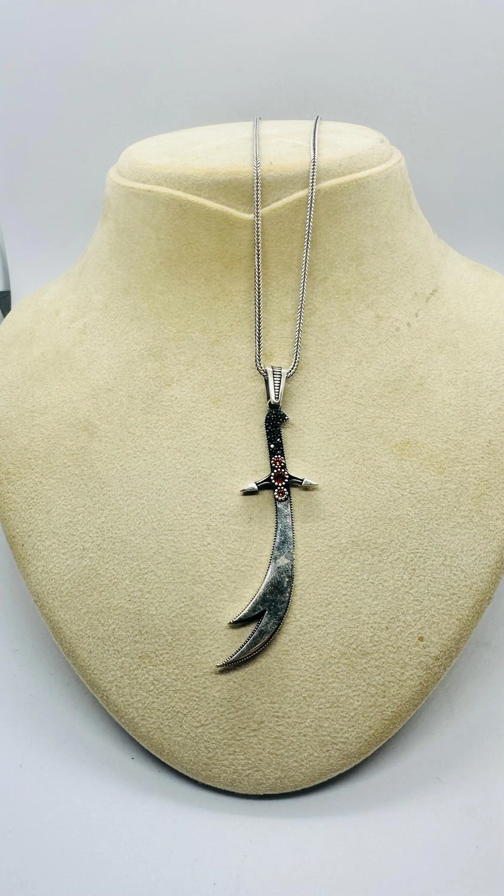 Fathers Day Curved Sword Silver Necklace, Men Warrior Pendant