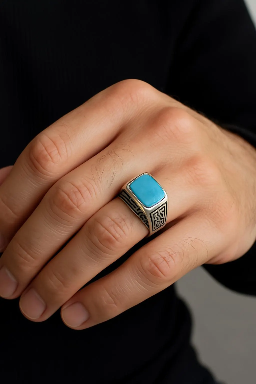 Turquoise Stone Silver Men’s Ring, Modern Gift for Him, Fathers Day Gift