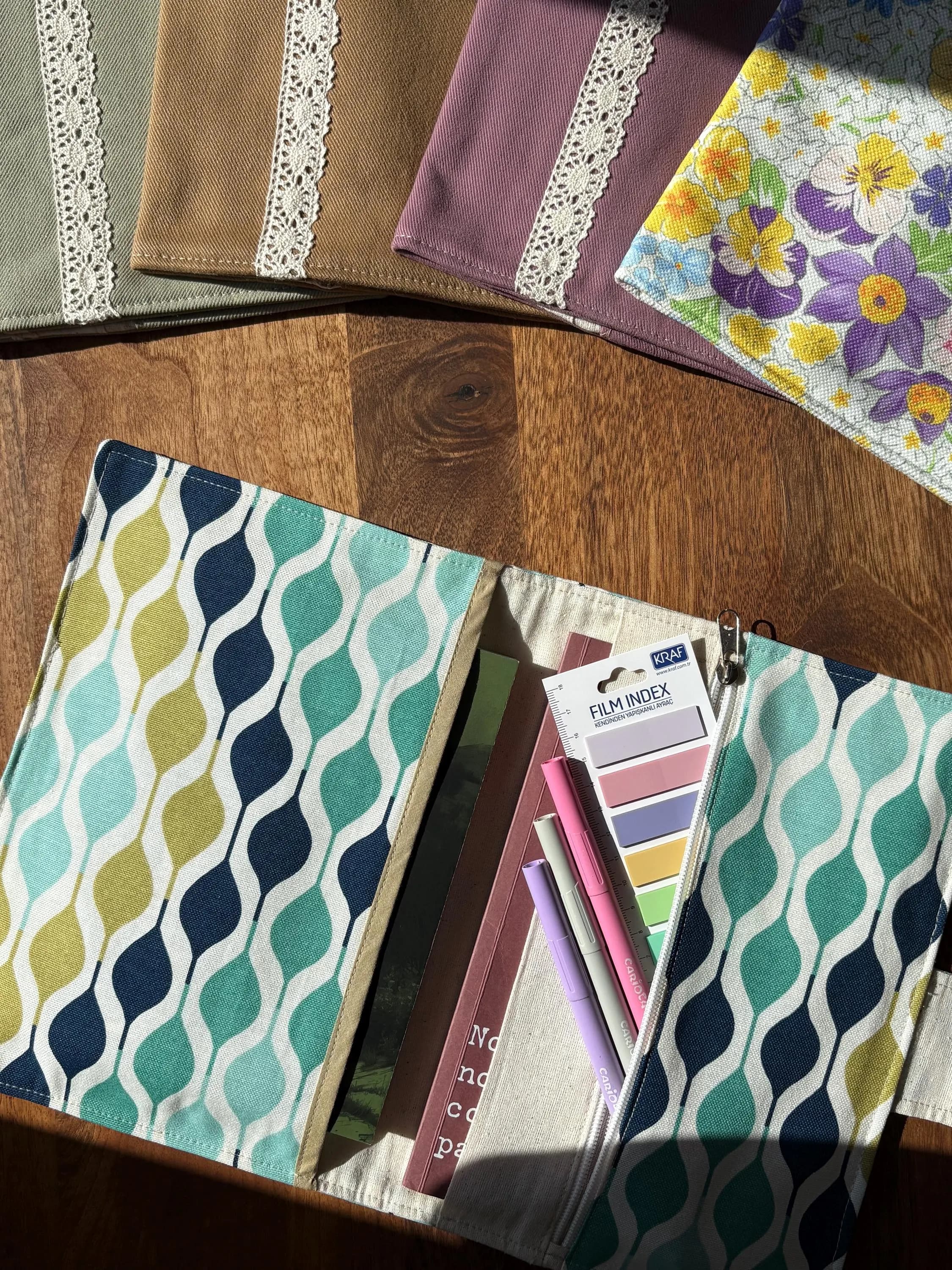 Handmade Geometric Book Sleeve with Pen Holder & Notebook Pocket, Padded Fabric Book Cover A5
