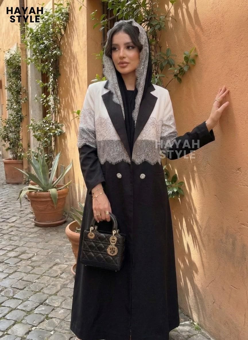 Black Lace Abaya Coat With Hijab: 2 Piece Set, Modest Muslim Coat, Abaya Coat - image 5