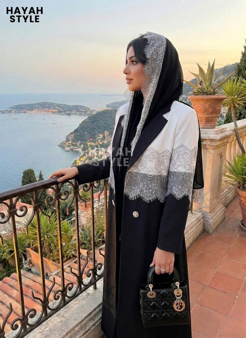 Black Lace Abaya Coat With Hijab: 2 Piece Set, Modest Muslim Coat, Abaya Coat