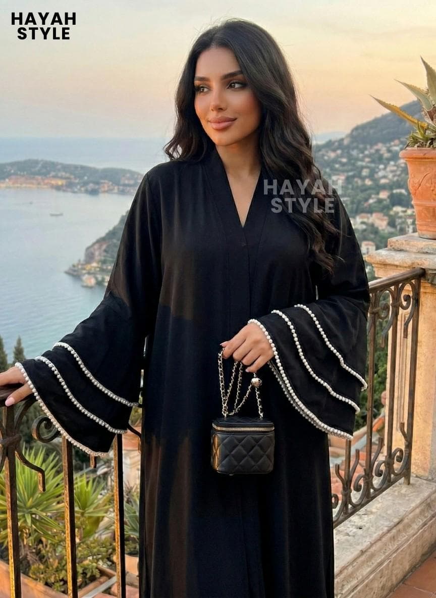 Black Open Abaya With Flared Sleeves: Beaded Pearl Cuffs, Eid Outfit, Modest Fashion