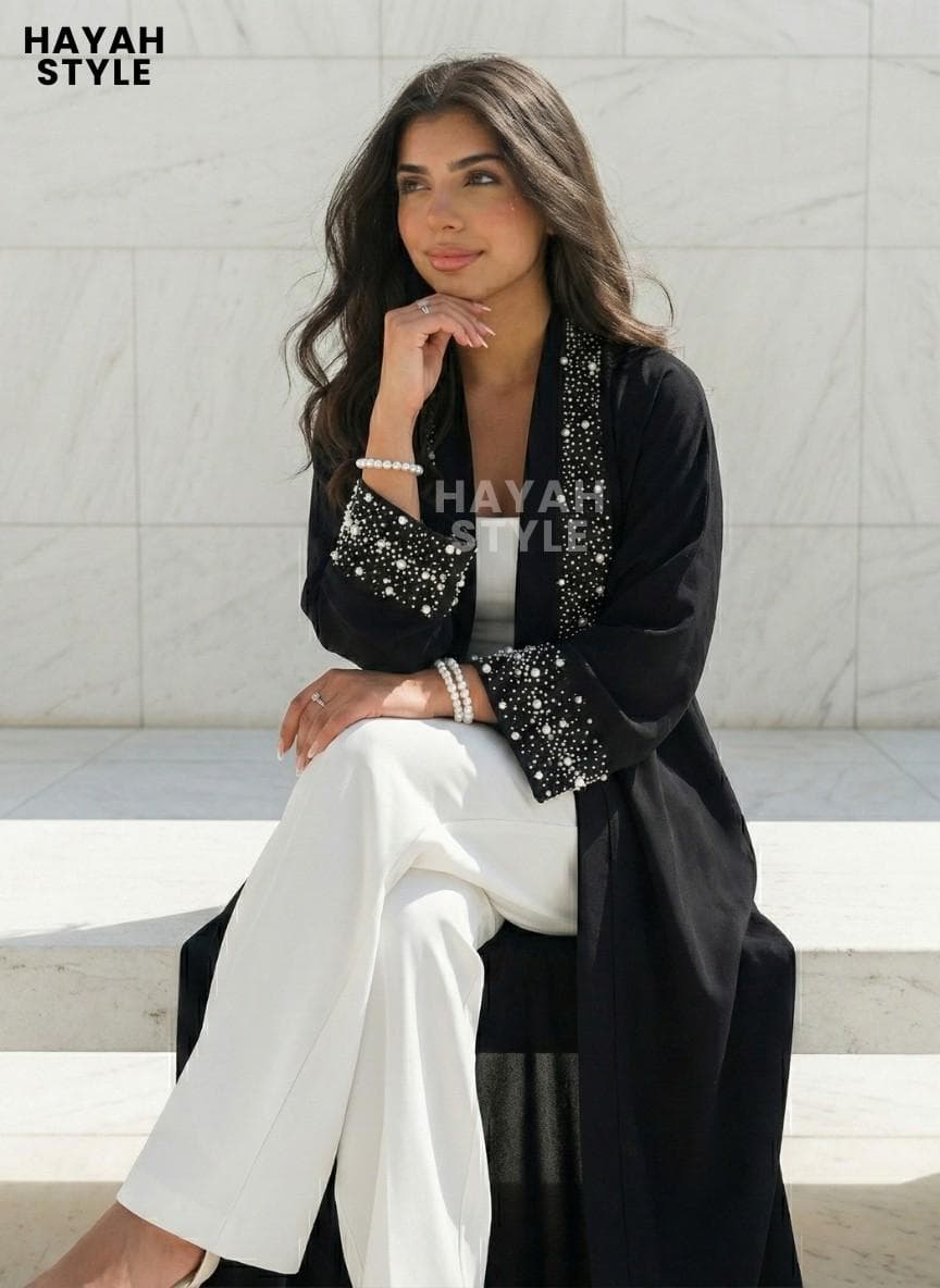 Luxury Black Open Abaya: Pearl Embellished Sleeves & Lapel, Eid Outfit - image 3