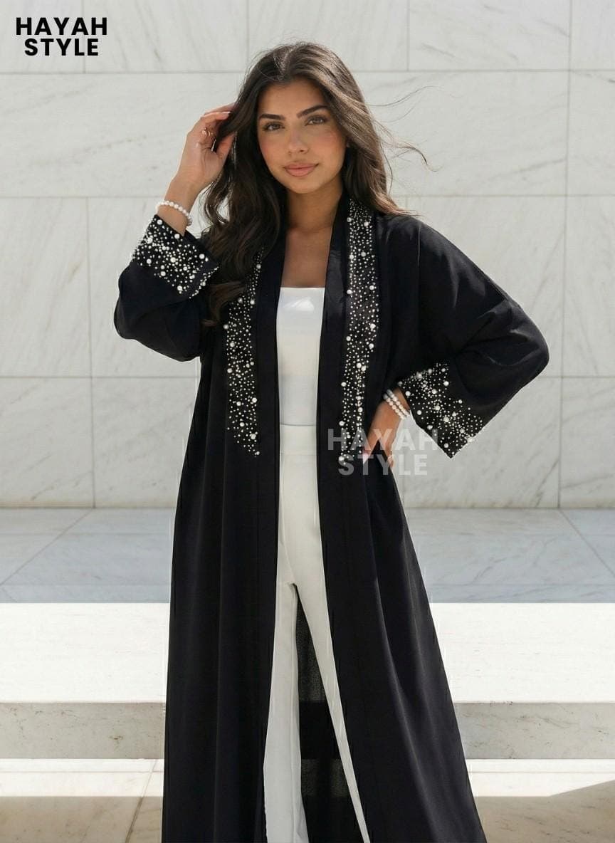 Luxury Black Open Abaya: Pearl Embellished Sleeves & Lapel, Eid Outfit - image 5