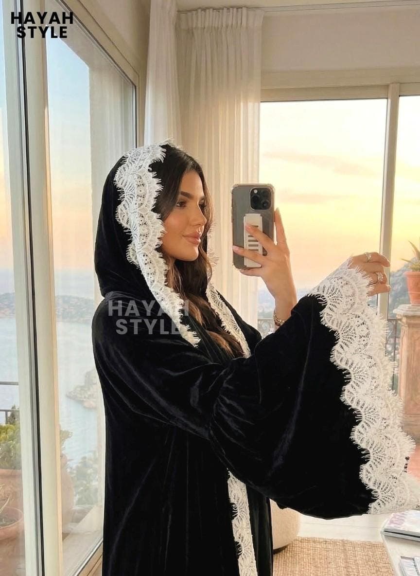 Black Velvet Lace Abaya With Lace Hijab: Abaya Set, Eid Outfit