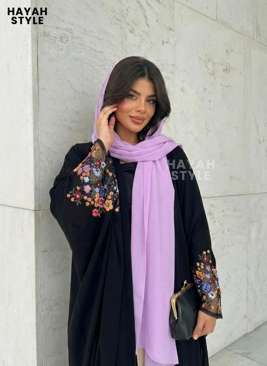 Black Open Abaya With Hijab: Butterfly Abaya With Embroidered Sleeves, Dubai Style Abaya