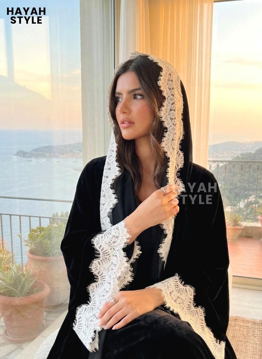 Black Velvet Lace Abaya With Lace Hijab: Abaya Set, Eid Outfit - image 5