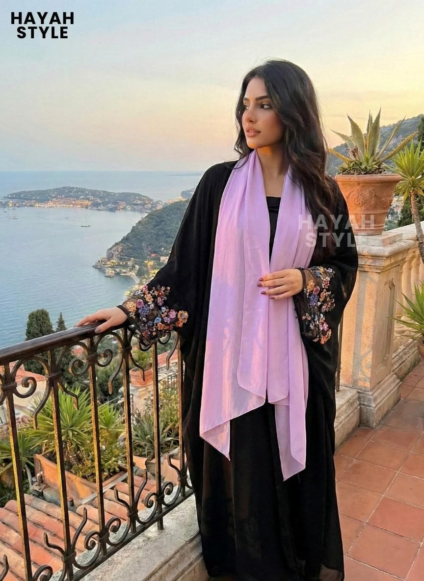 Black Open Abaya With Hijab: Butterfly Abaya With Embroidered Sleeves, Dubai Style Abaya - image 5