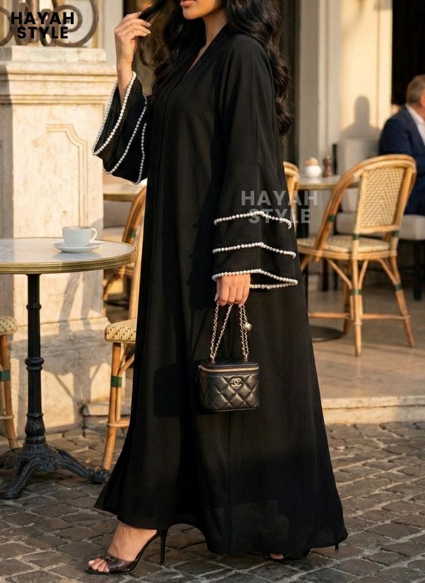 Black Open Abaya With Flared Sleeves: Beaded Pearl Cuffs, Eid Outfit, Modest Fashion - image 3