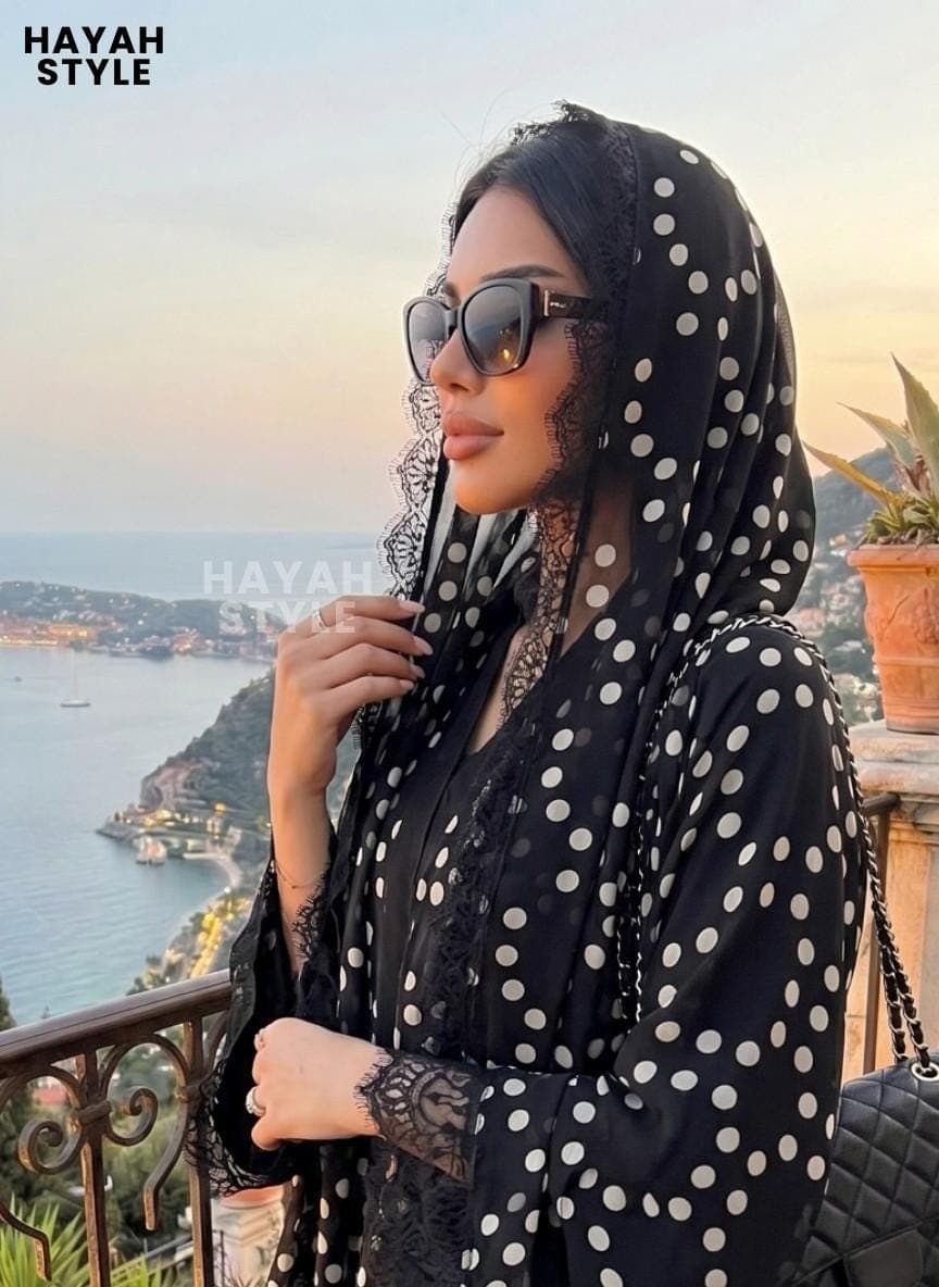 Polka Dot Chiffon Abaya Set with Matching Headscarf: Lace Abaya 2 piece, Modest Muslim Outfit, Elegant Abaya Set, Eid Outfit, Dubai Style