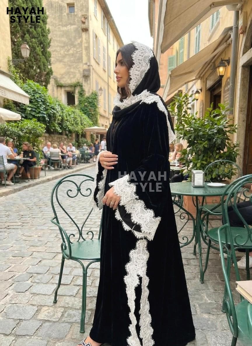 Black Velvet Lace Abaya With Lace Hijab: Abaya Set, Eid Outfit - image 4