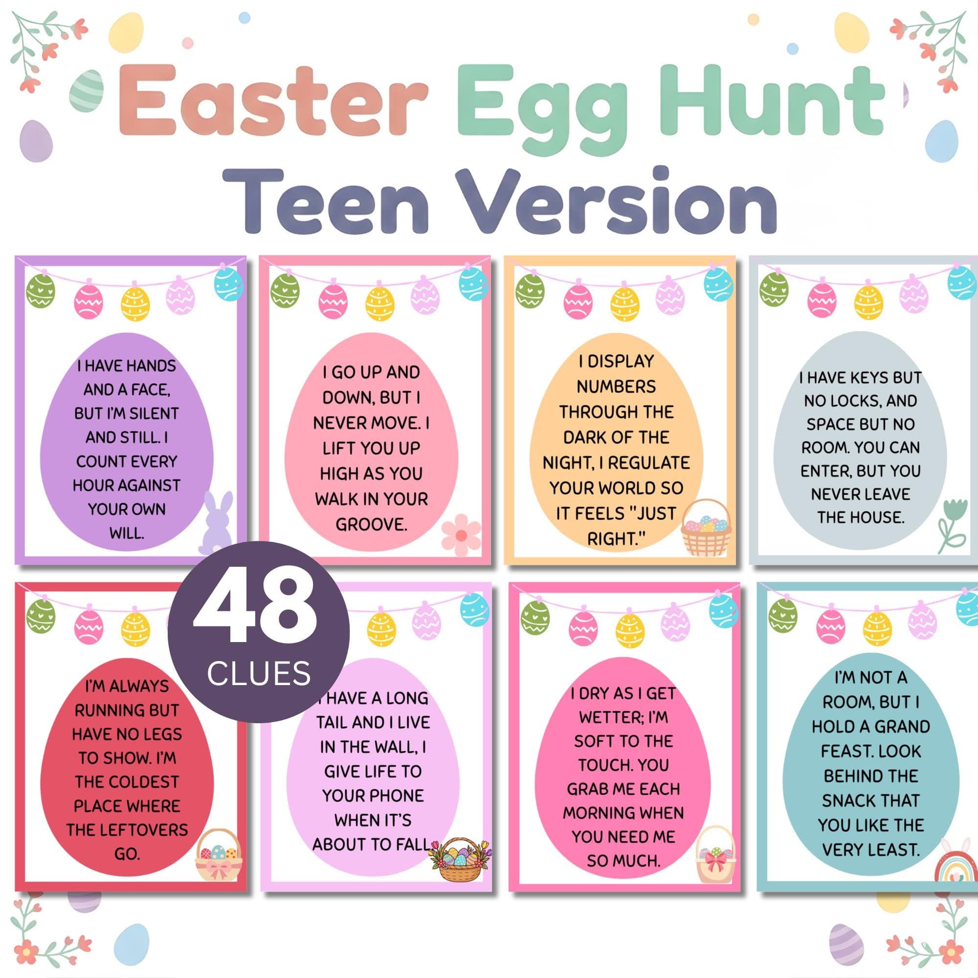 Teens Easter Treasure Hunt Clues Printable | Indoor Outdoor Easter Scavenger Hunt for Tweens | Hard Treasure Hunt |Teens Treasure Hunt Clues
